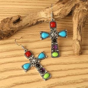 NWT- Multi Colored Stone Cross Earrings